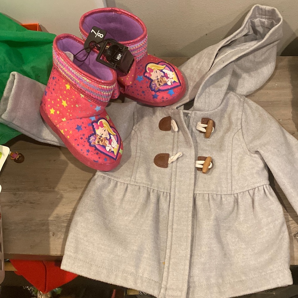 Old navy pea coat with size 7/8 slipper boots